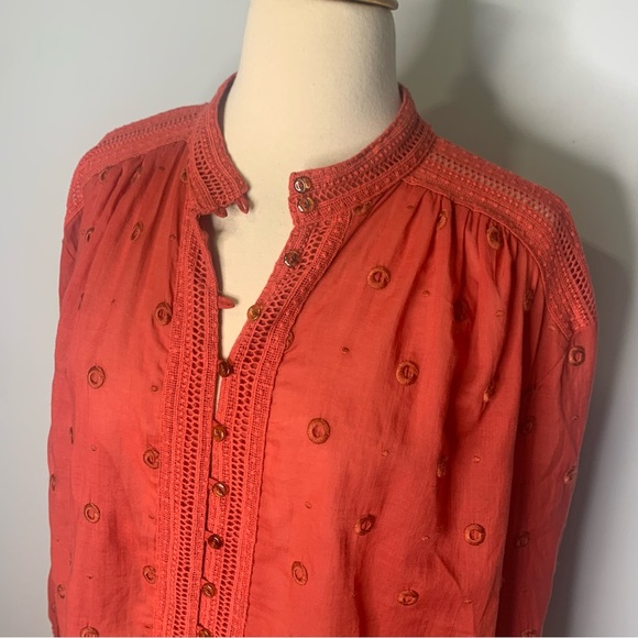 Maeve by Anthropology Coral Embroidered Voile Augusta Peasant Blouse Top Large - Picture 8 of 14
